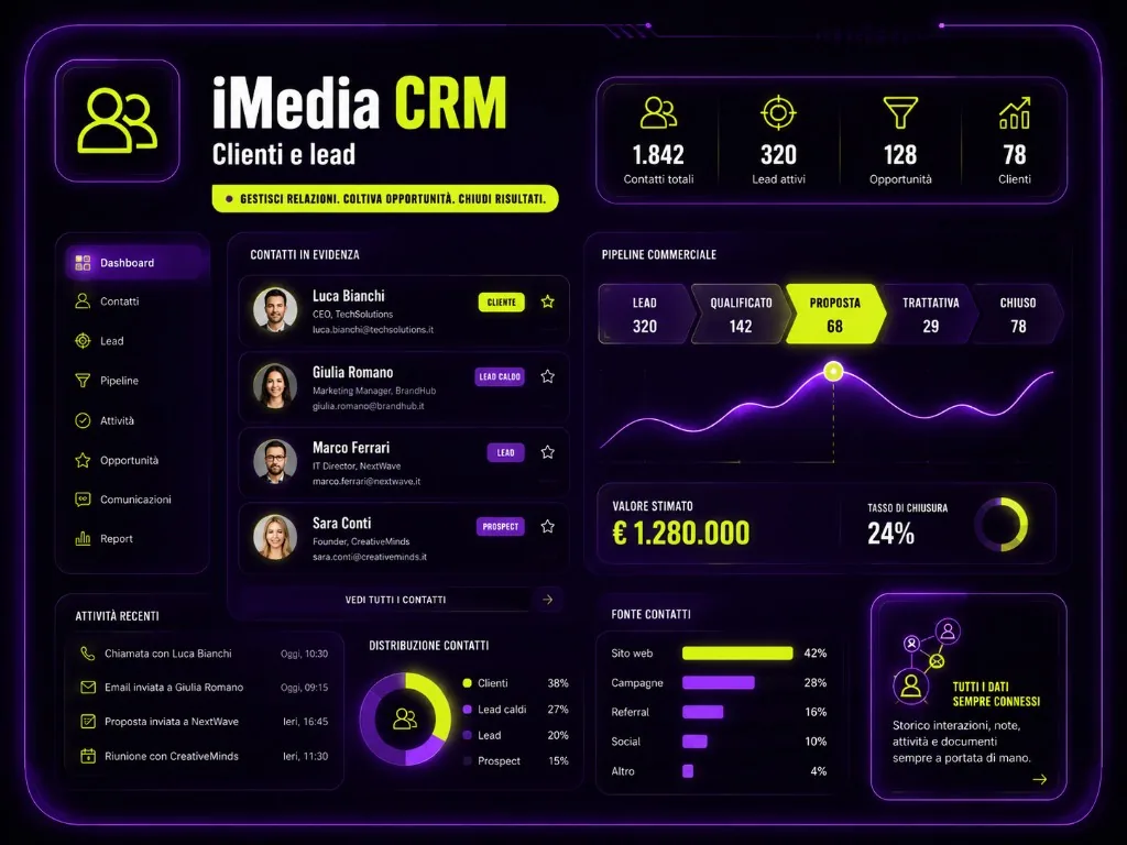 Dashboard iMedia CRM con integrazioni WhatsApp, email, appuntamenti, preventivi e follow-up